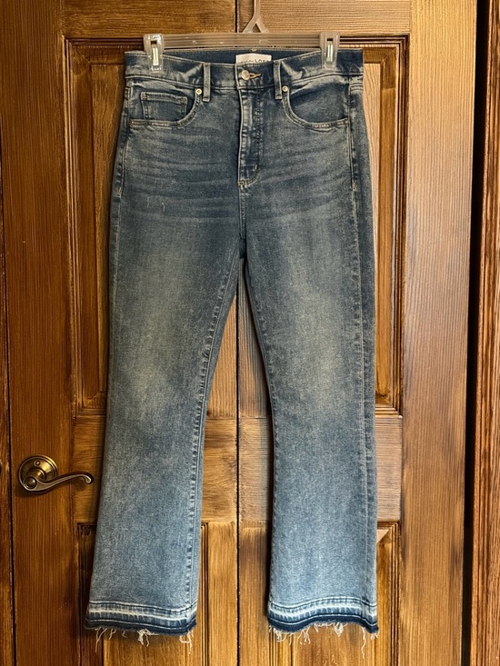 Denim - Loft High-Rise Raw Hem Flare leg Blue Jeans in Washed Indigo